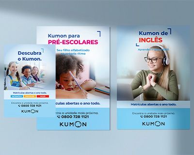 Materiais promocionais impressos, como cartazes e panfletos de campanha do Kumon